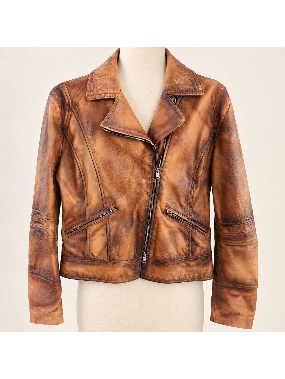 Vera Pelle Cognac Brown Leather Cropped Moto Jacket – Size Unknown?